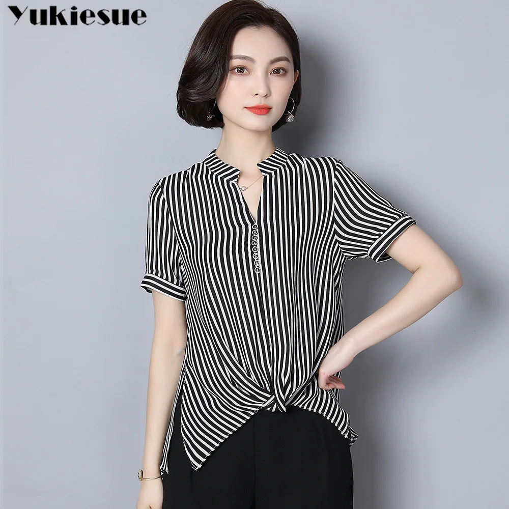 Летняя полосатая Женская рубашка блузка для женщин blusas Женские топы и блузки