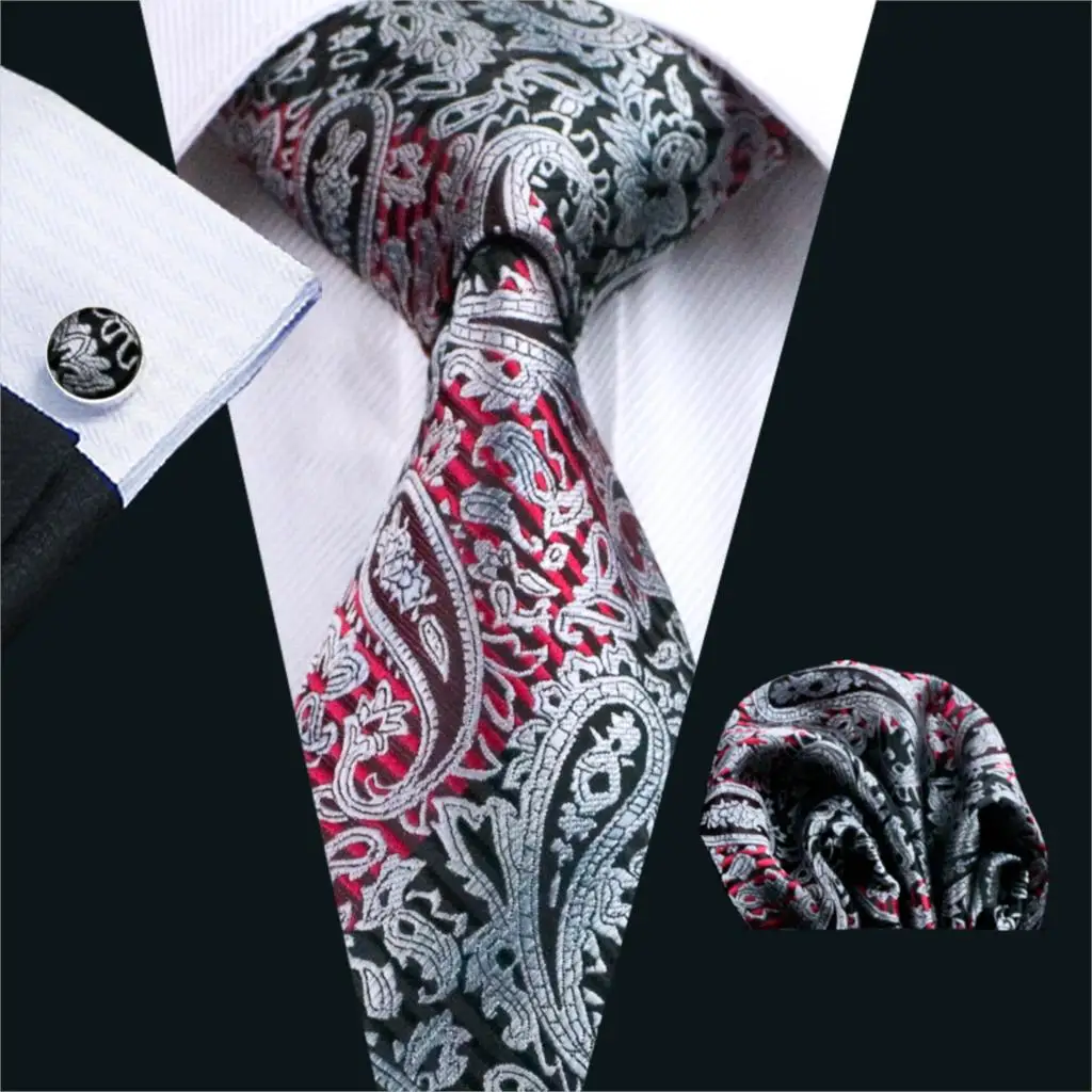 

FA-359 Men`s Tie Gray Paisley Silk Jacquard Woven Classic Tie Hanky Cufflinks Set For Men Business Wedding Party Free Shipping