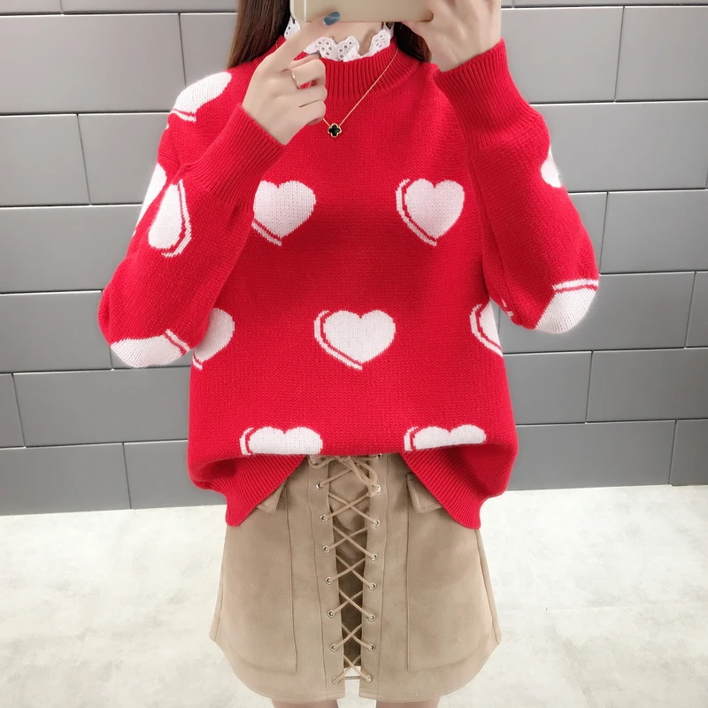 Loose Casual Women Knitted Sweater Autumn Winter Ladies O-neck Tops Pullover Korean Christmas Sweaters Hearts Knitwear Red | Женская