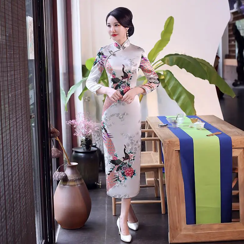 Весна осень Cheongsam китайский женский цветок и Павлин Qipao с длинным рукавом vestidos винтажное женское вечернее свадебное платье S-3XL - Цвет: Long Sleeve White