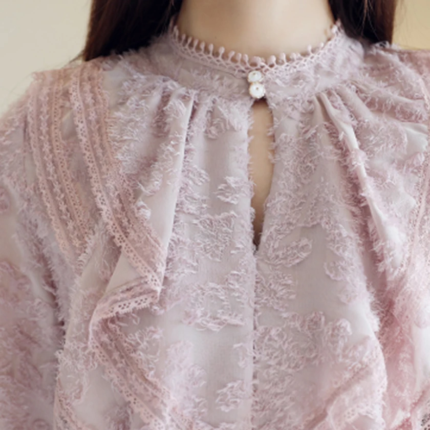 Женская шифоновая блузка с рукавами фонариками стоячим воротником цвет: бежевый