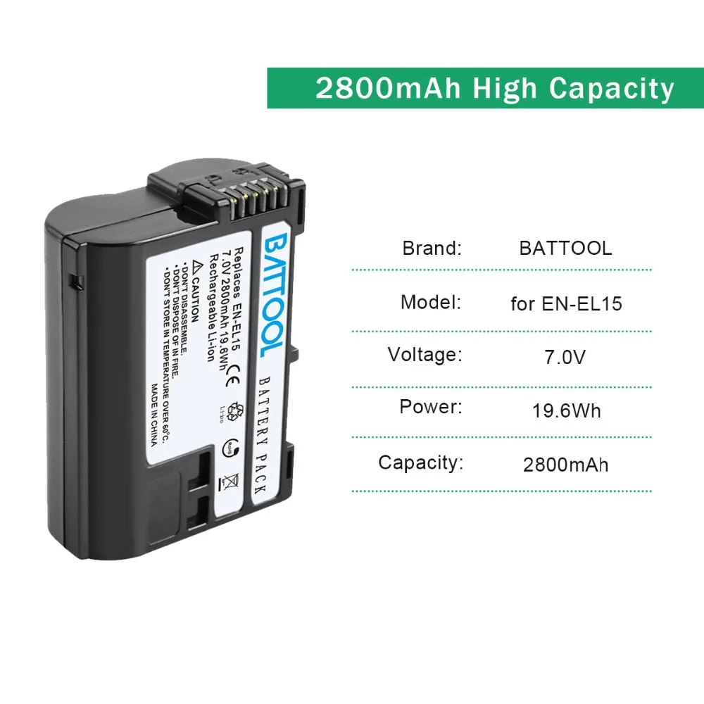 Battool для Nikon 7,2 V 2800 мА/ч, EN-EL15 RU EL15 ENEL15 DSLR D600 D610 D800 D800E D810 D7000 D7100 D7200 V1 Батарея+ Зарядное устройство