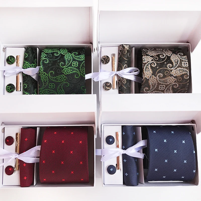 

8cm Designer Men Formal Ties Set Classic Paisley Floral Necktie Sets Handkerchief with Cufflink Clip Gift Box