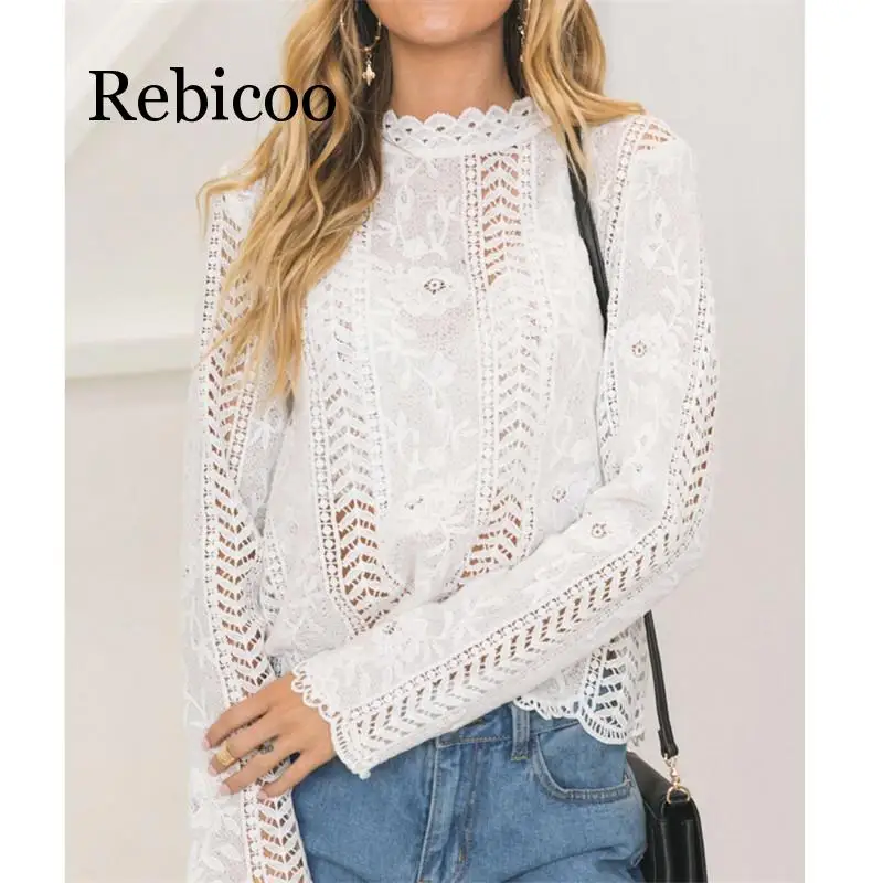 

women ladies blouse long sleeve white Lace hollow turtleneck blouse Top Summer Blouses Cap Elegant Blouse for female