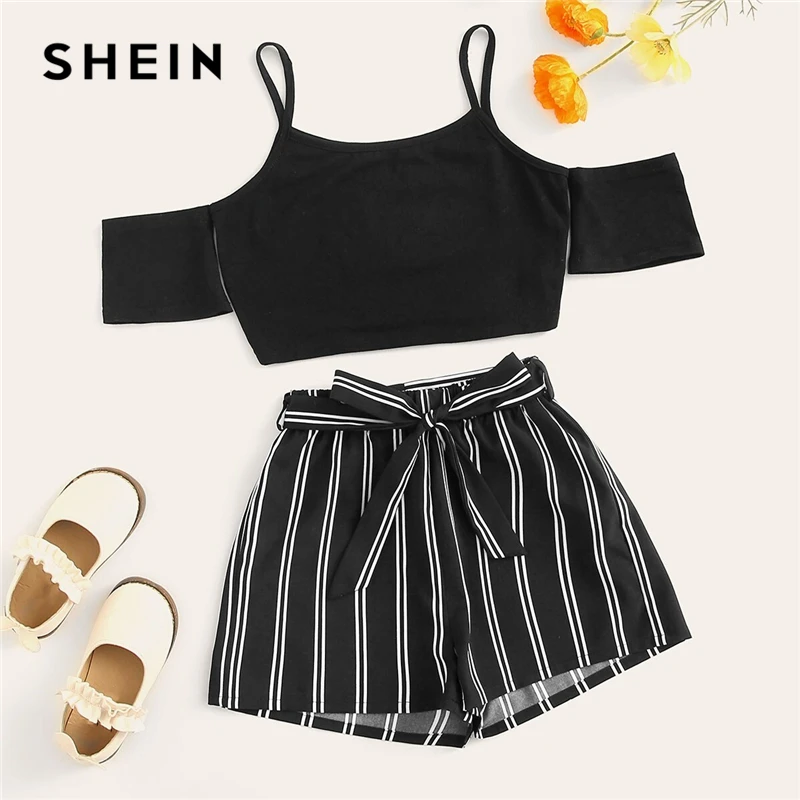 SHEIN Kiddie/укороченная блузка с открытыми плечами для девочек и полосатые шорты с поясом нож для паззлов г., летние широкие Детские костюмы с короткими рукавами