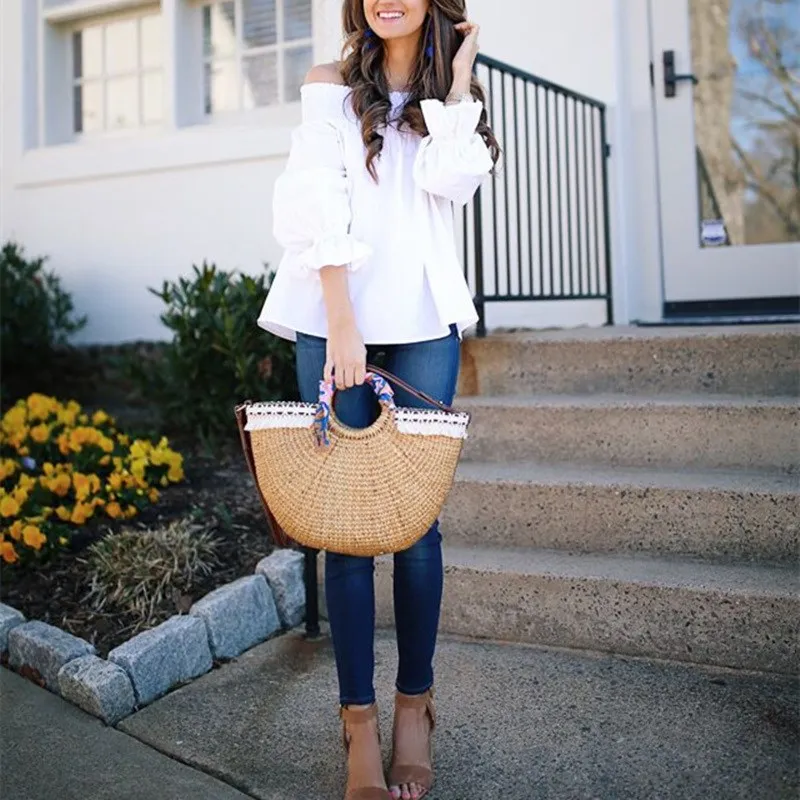 Женская блузка с рукавом фонариком белая воротником лодочкой и на три четверти