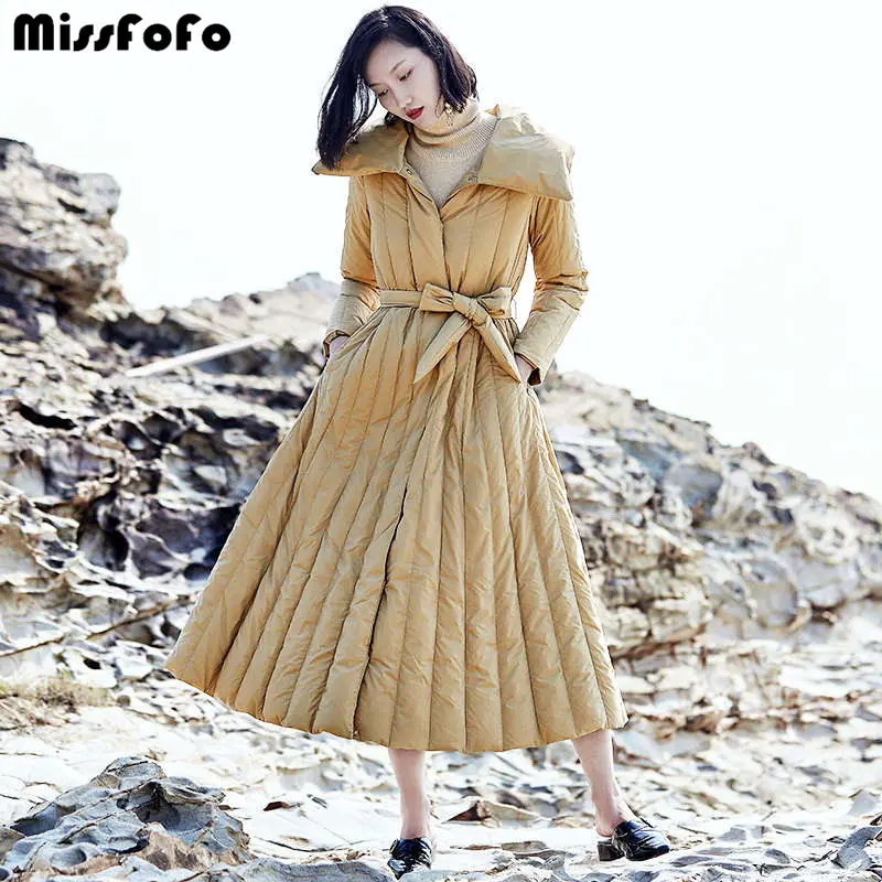Зимняя пуховая юбка MisszFoFo 2017 Брендовое длинное осеннее модное пуховое пальто с