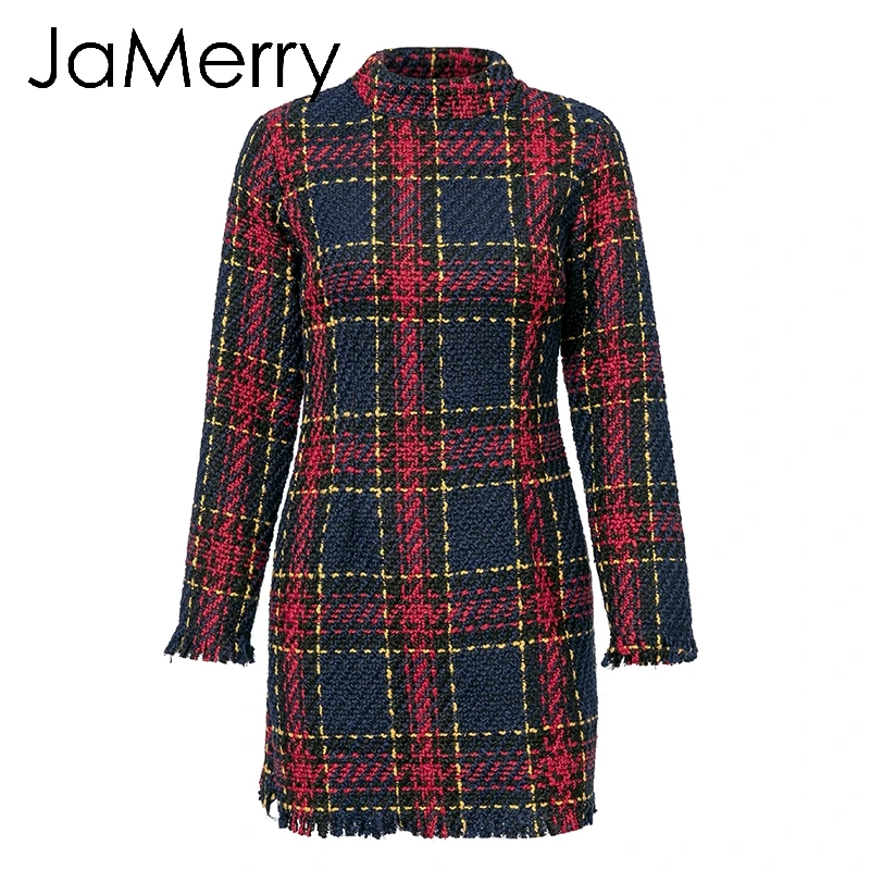 Бургундия JaMerry, винтажное, элегантное, офисное, женское, клетчатое, зимнее платье с длинным рукавом, толстое, теплое, с кисточками, платье, модное, тонкое, vestido - Цвет: Бургундия