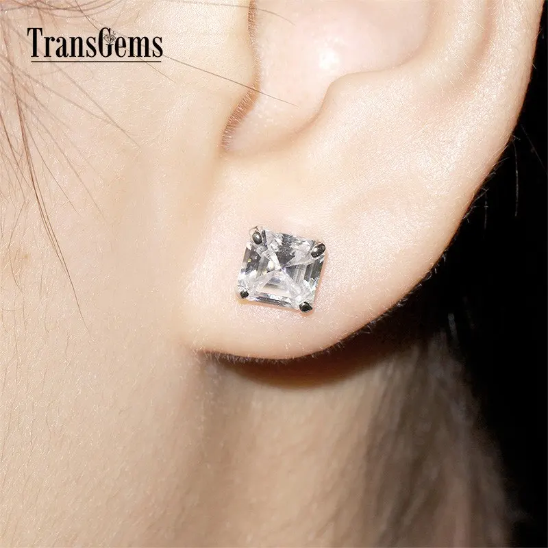 Transgems золотые серьги Cneter 2ct 7X7 мм F Цвет Ашер резки Муассанит всего 4CTW 14 К 585 белое