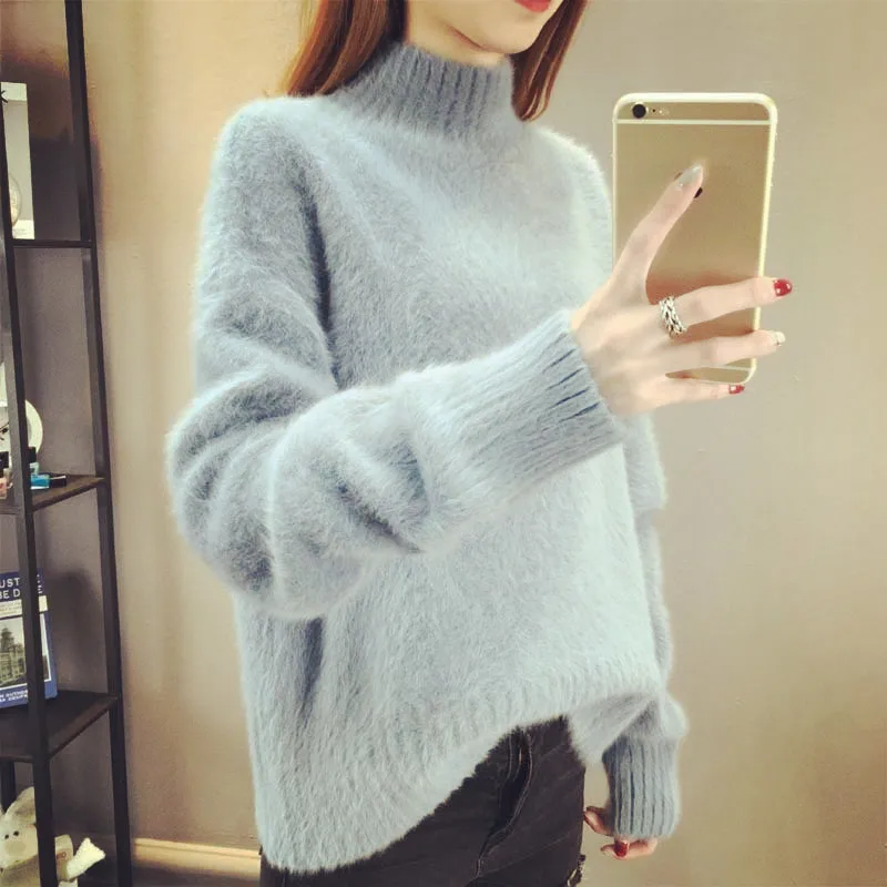 

Winter turtleneck sweater Women 2019 Mohair Pullovers Warm thick loose Basic sweater Female Long Sleeve Knitted Sweaters Top