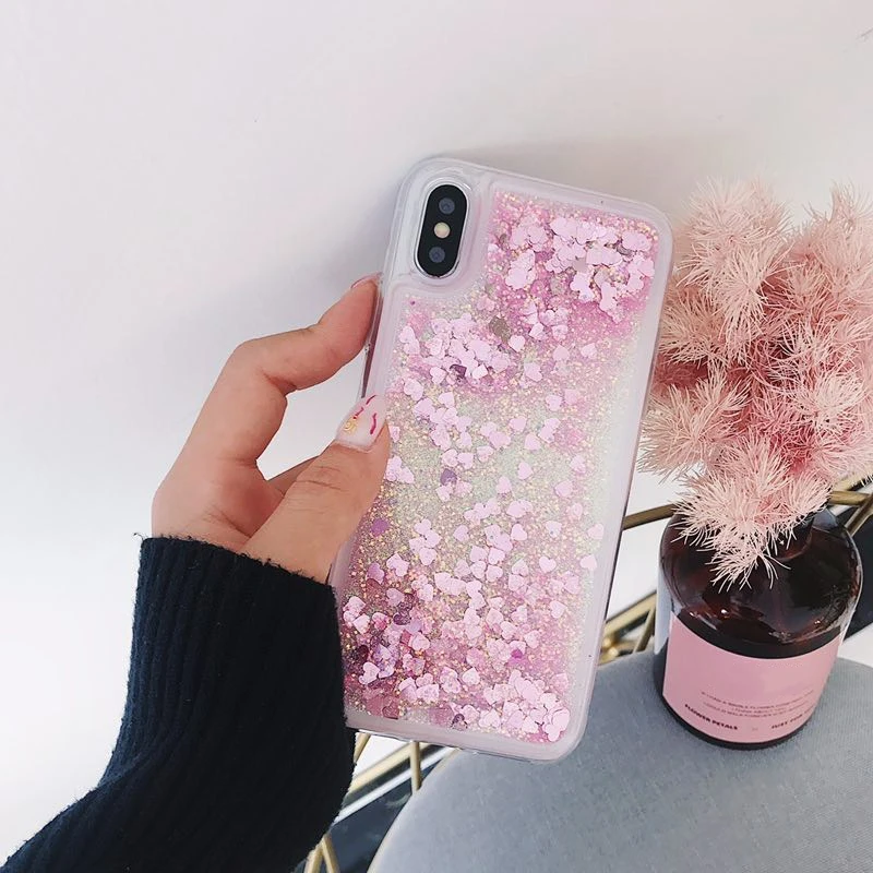 Pink Блестящий чехол для телефона с сердечками для iphone 11 X XR XS MAX, жидкий зыбучий песок, чехол для iphone 5 5S se, 6 S, 6, 7, 8 Plus, Блестящие Блестки - Цвет: Pink