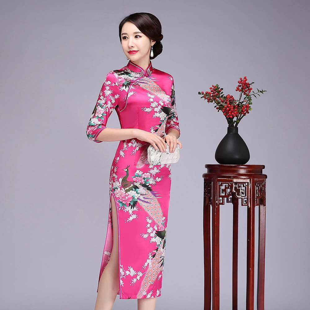 Женское винтажное платье Ципао розовое элегантное узкое в китайском стиле с