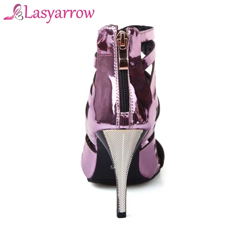 

Lasyarrow Gladiator Sandal Shoes Party Dress Shoe Woman Patent Leather High Heels Sexy Cut Outs Peep Toe Punk Sandals Shoe RM757