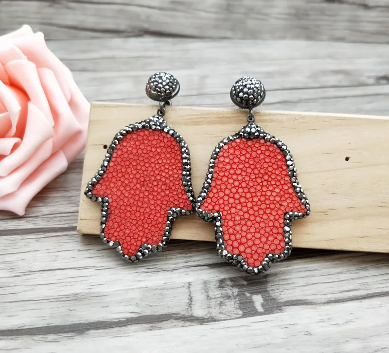 1 pair Natural Fishskin Pave Rhinestone Crystal Zircon Earrings Fashion palm shape Handmade women Jewelry ER690 | Украшения и