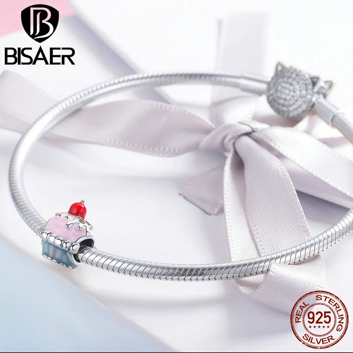 BISAER, 925 пробы, серебряная чашка, торт, эмаль, на день рождения, бисер торт, подходят для женщин, амулеты, браслеты, 925 серебряные ювелирные изделия ECC1084