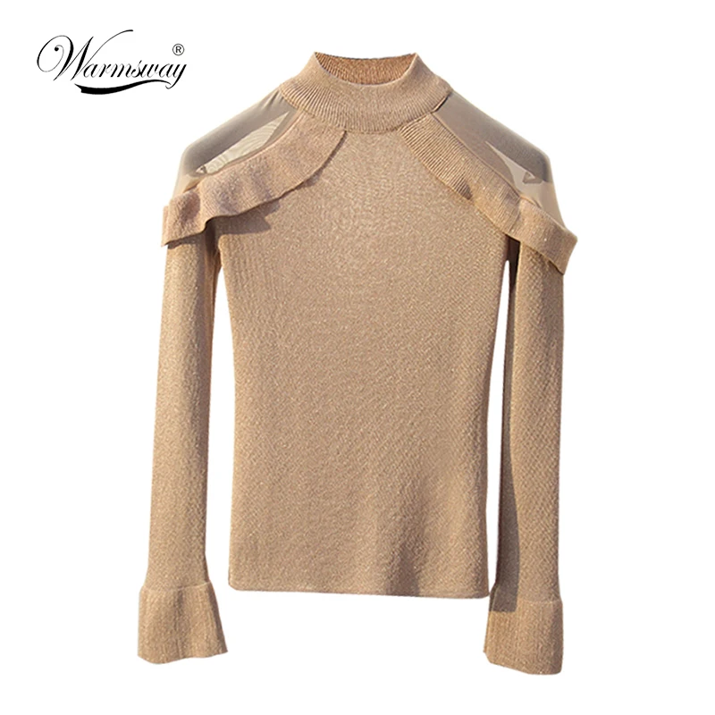 WARMSWAY Lurex трикотажный женский модный тонкий с открытыми плечами сетчатый лоскутный пуловер с расклешенными рукавами свитер шикарный Базовый Топ B-158