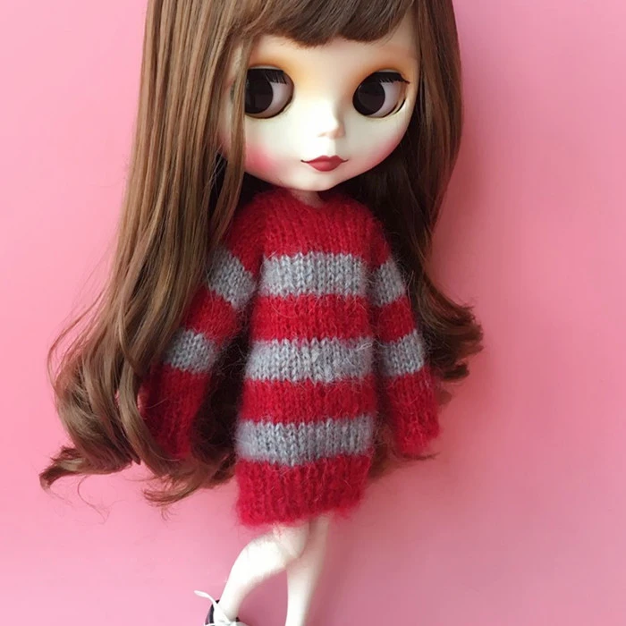T02-X008 Blyth Doll clothes 1/6 dolls Accessories handmade long type stripe Sweater red grey color 1pcs | Игрушки и хобби
