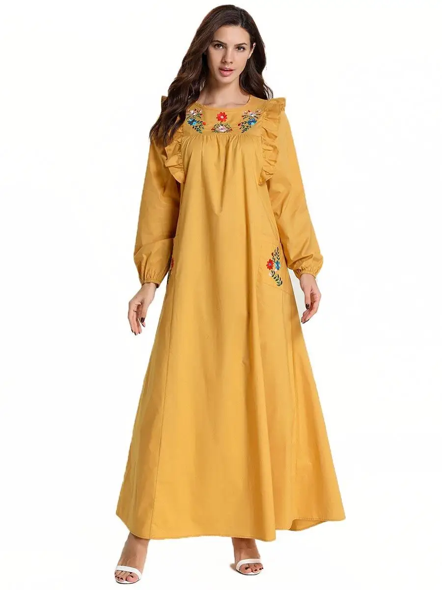 Abaya/длинное платье с вышивкой и оборками; женские мусульманские Длинные вечерние платья; jilbaw; исламский кафтан; одежда с круглым вырезом и длинными рукавами; свободное Повседневное платье