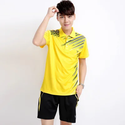 Male A9815 yellow Новая футболка для бадминтона+ шорты футболки для пары для игры в настольный теннис, футболка, дышащая быстросохнущая Мужская/Женская теннисная футболка с поездами - Цвет: Male A9815 yellow