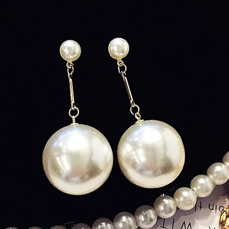 Элегантные двойные большие серьги с поддельными жемчужинами для девочки на свадьбу невесты вечеринку большой шарик подвеска бижутерия 2018 года.