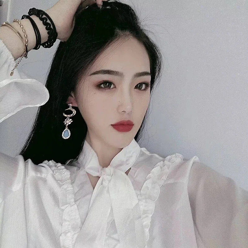 

MENGJIQIAO 2019 Korean New Vintage Rhinestone Moon Heart Drop EarringsFor Women Girls Blue Opal Oorbellen Party Ear Accessories