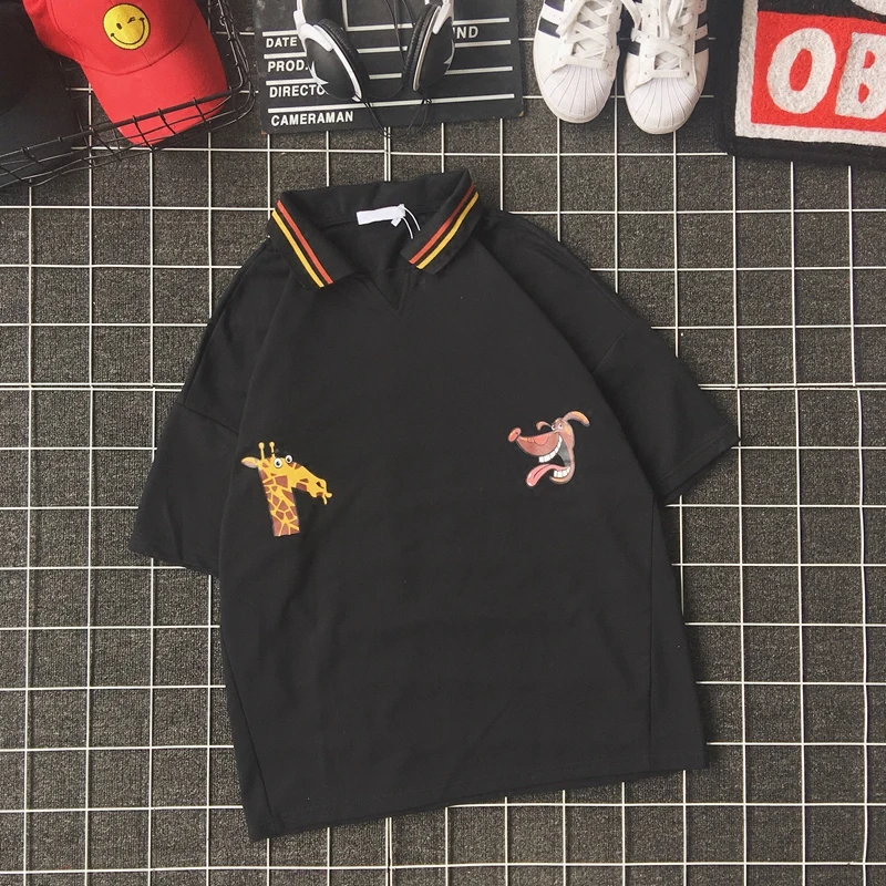 New port wind Japanese retro giraffe cartoon short-sleeved polo shirt Korean loose couple lapel top | Мужская одежда