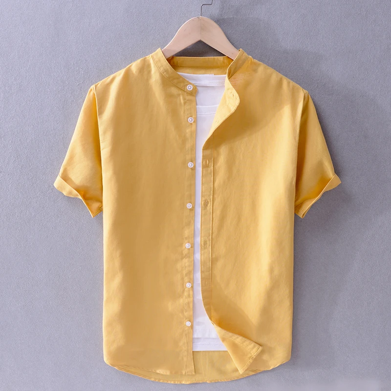 Брендовые льняные рубашки с коротким рукавом мужские летние однотонные желтые
