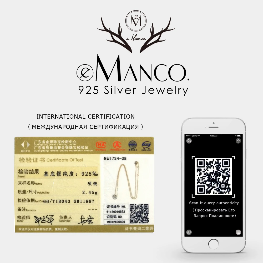 E-Manco, 925 пробы, серебряное ожерелье, простое, CZ, кубический цирконий, подвеска, ожерелье для женщин, золотой цвет, свадебное ювелирное изделие, мода