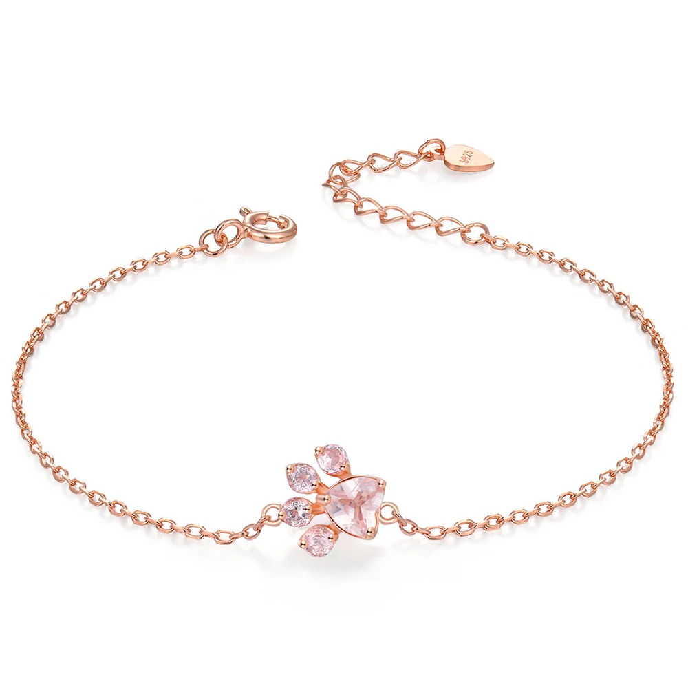 Romad 925 Sterling Silver Bracelets For Women Bear's Paw Natural Heart Pink Quartz Rose Gold Chain Charm Bracelet fine Jewelry |