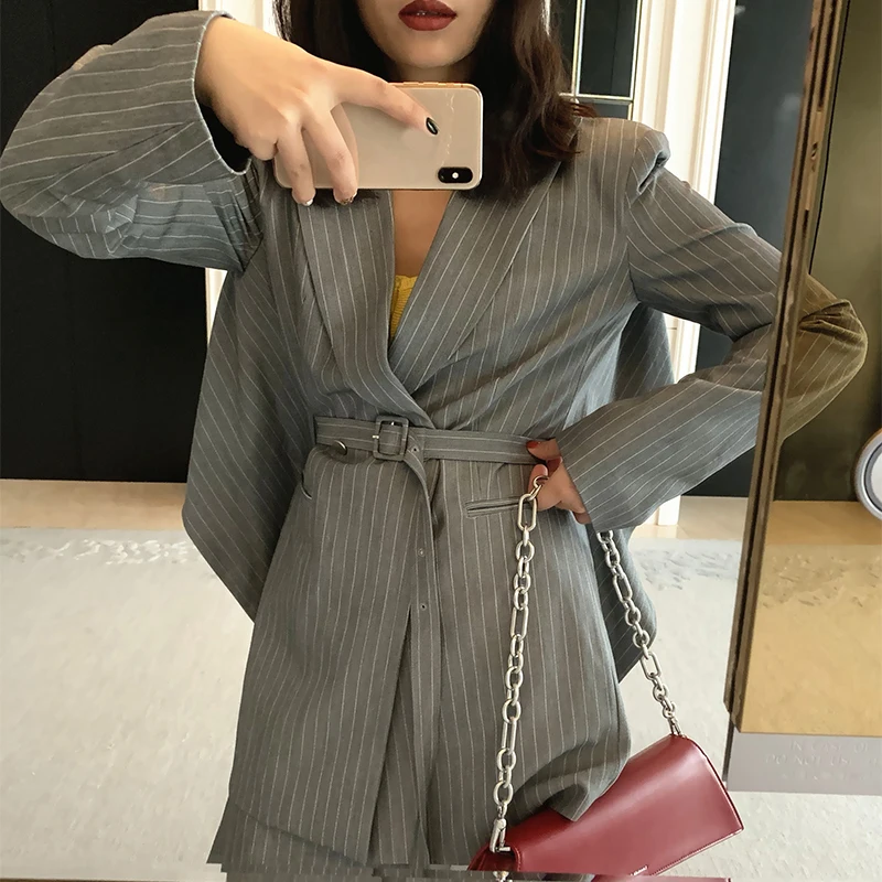Deat New Autumn And Winter Lapel Long Sleeve Gray Striped Pattern Printed Loose Jacket+skirts Print Set JT077
