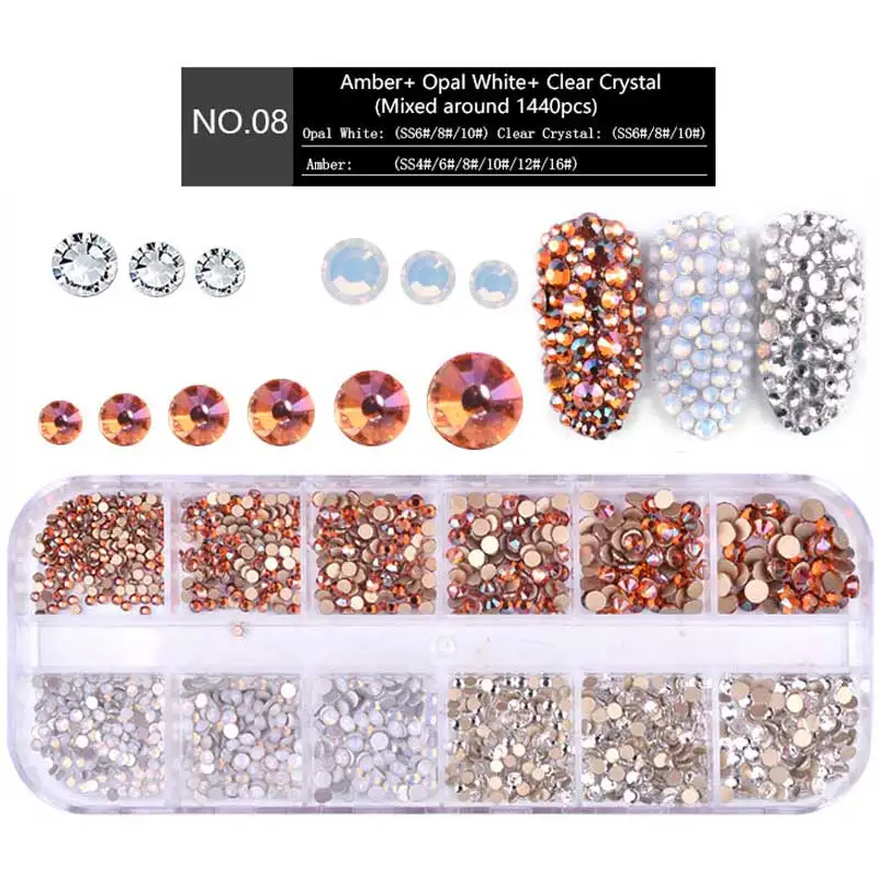 

Box Multi Size Glass Nail Rhinestone Mixed Colors Flat-back AB Crystal Rhinestone 3D Charm Gems Manicure Nail Art Decorations