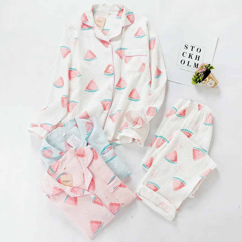 Весенне-летний комплект свободных пижам для дам Ins Fresh style Женская одежда для сна удобная газовая хлопковая Домашняя одежда с рисунком арбуза