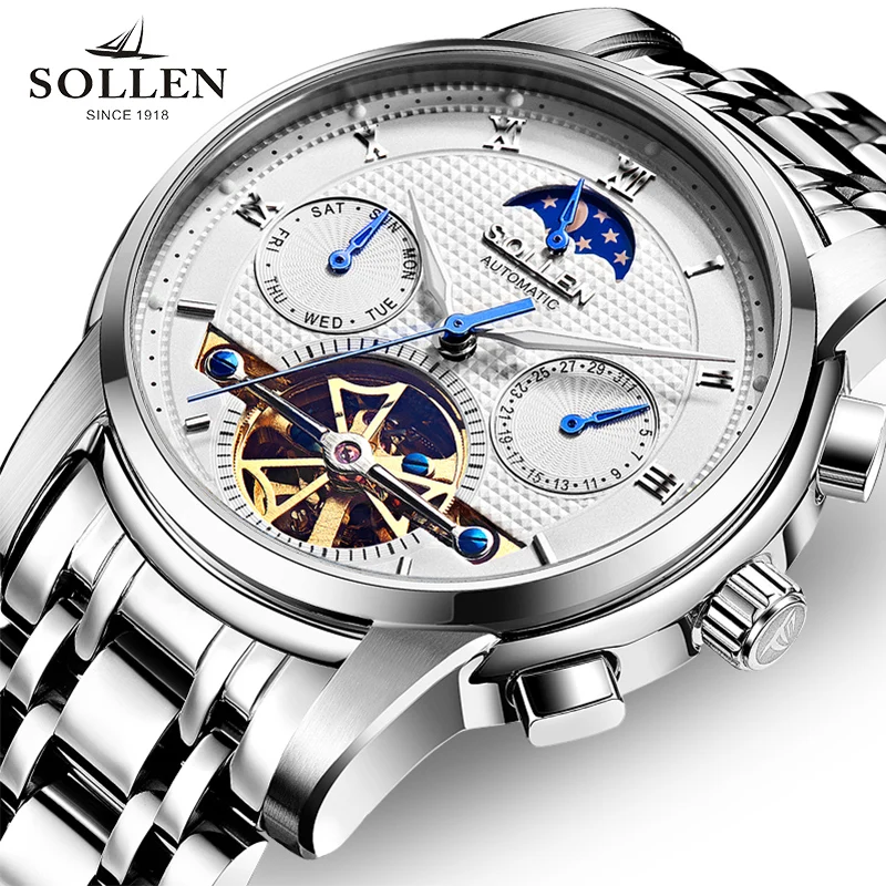 SOLLEN automatic mechanical watch men business hollow men's watches steel waterproof luminous multi-functional male wristwatches |