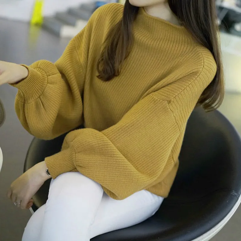 2019 Autumn Women Lantern Sleeve Korean style Knitted Sweaters Pullovers Half Turtleneck Jumper Tops One Size | Женская одежда