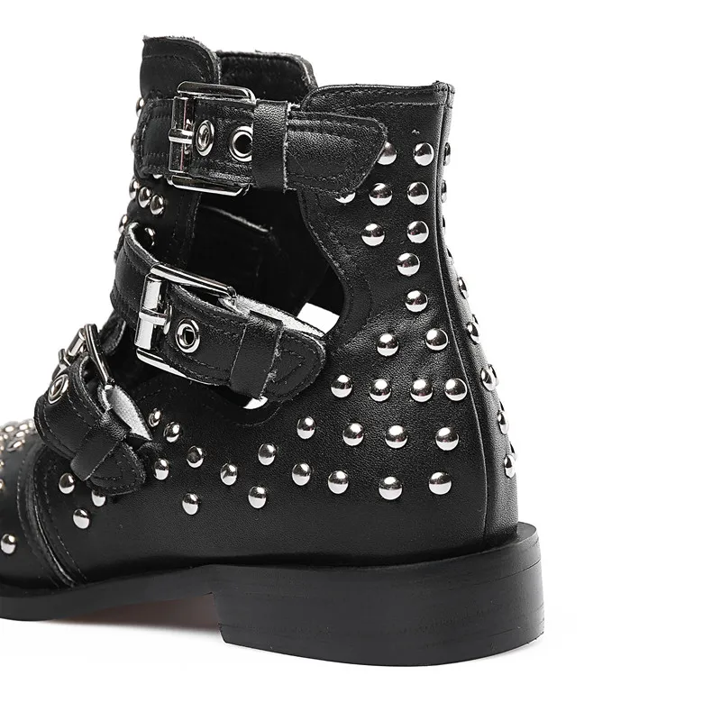 Studded Cow Leather Street Ankle Boots Buckles Women Flat Gladiator Boots Zapatos Mujer Ladies Punk Metal Toe Cap Shoes Size 43