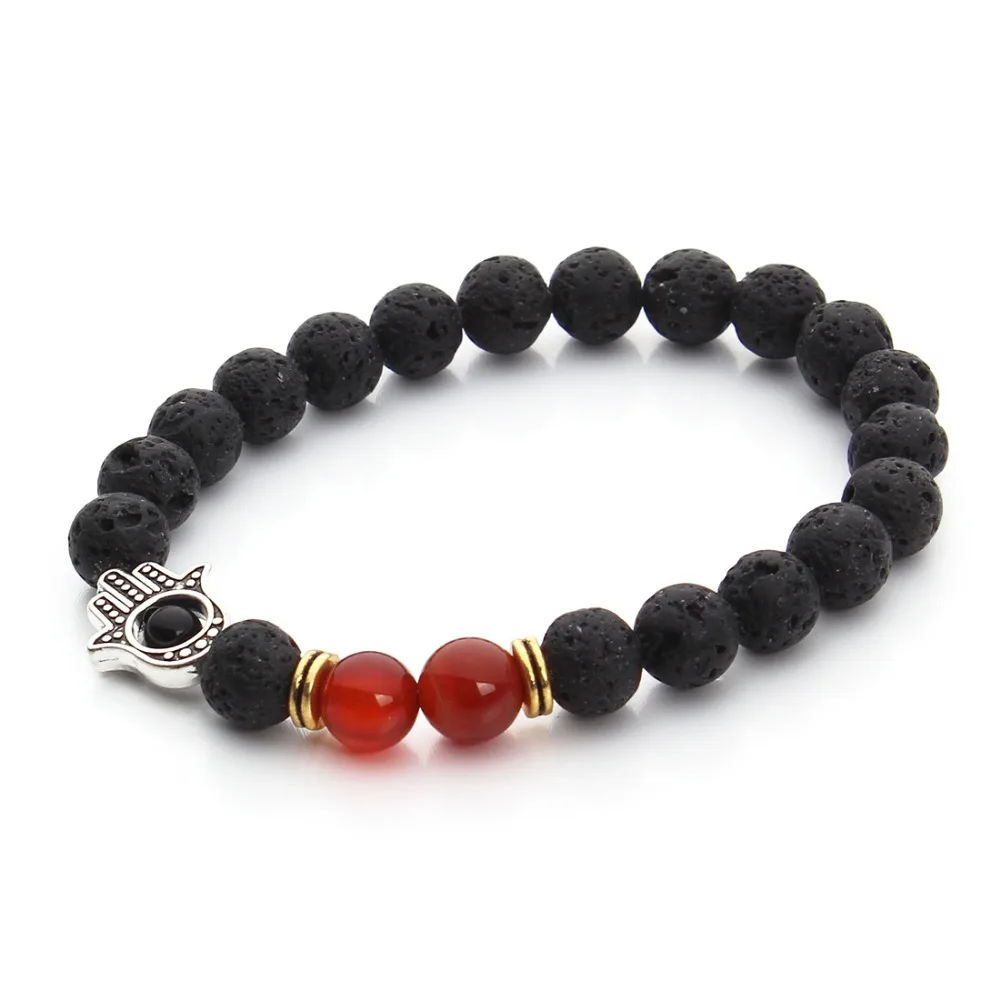 New Red White Beads Bracelet Antique Silver Hamsa Hand Black Lava Stone Yoga Energy Bracelets for Women F3227 | Украшения и