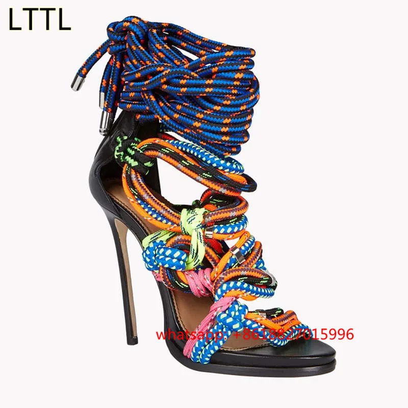 Lttl 2017 дизайн красочные шнурки полые гладиатор сандалии открытым носком туфли на