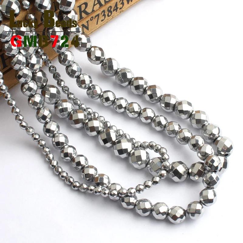 Natural Silver Plated Faceted Hematite Stone Beads For Jewelry Making 15 inches 2/3/4/6/8/10mm Round Spacer Diy | Украшения и