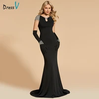 dressv black evening dress scoop neck mermaid short sleeves floor length beading wedding party formal dress evening dresses