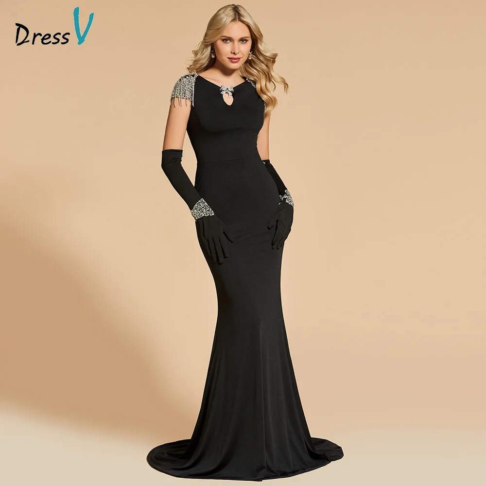 Женское вечернее платье Русалка Dressv черное с глубоким вырезом и коротким рукавом