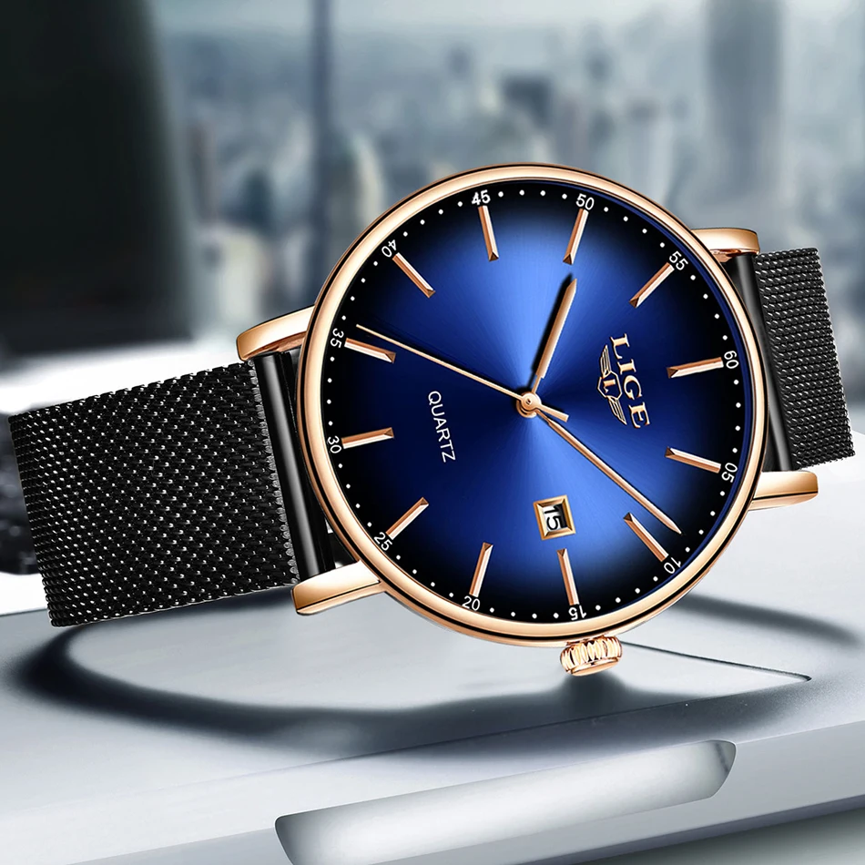 Reloj Hombre LIGE, мужские часы, Модный Топ бренд, роскошные сетчатые стальные красные деловые кварцевые часы, мужские повседневные водонепроницаемые простые часы