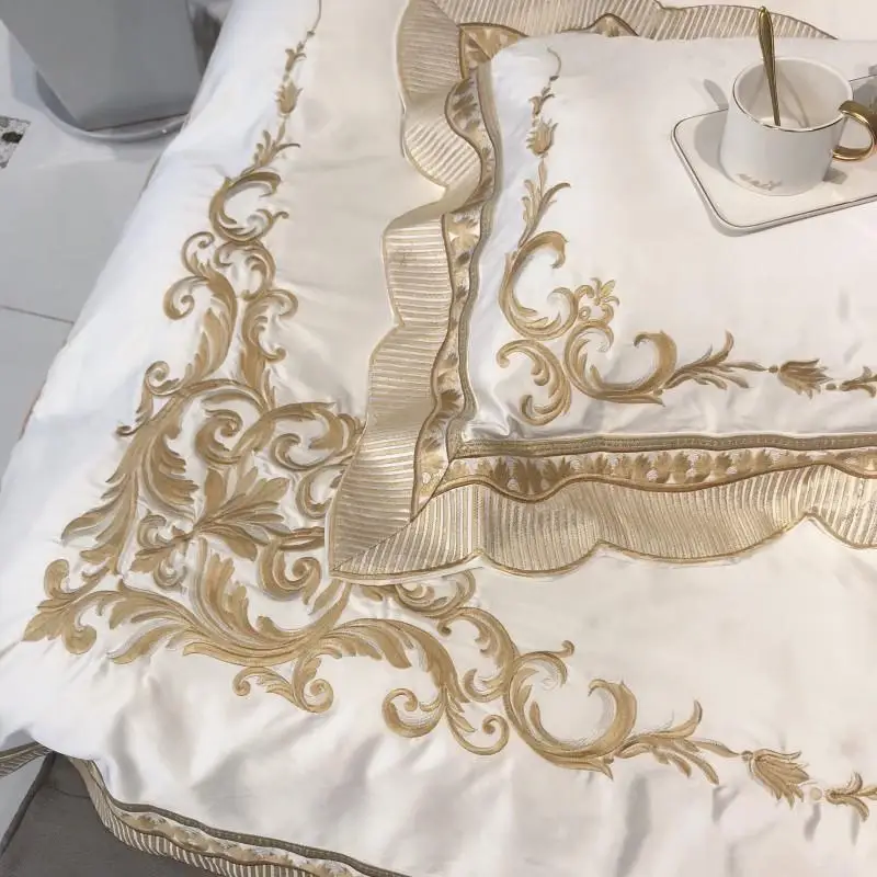Фиолетовый Белый Вышивка Duvet Стёганое одеяло роскошные постельные принадлежности мягкие постельное бельё из египетского хлопка листов простыня набор King queen размер 4/7 шт