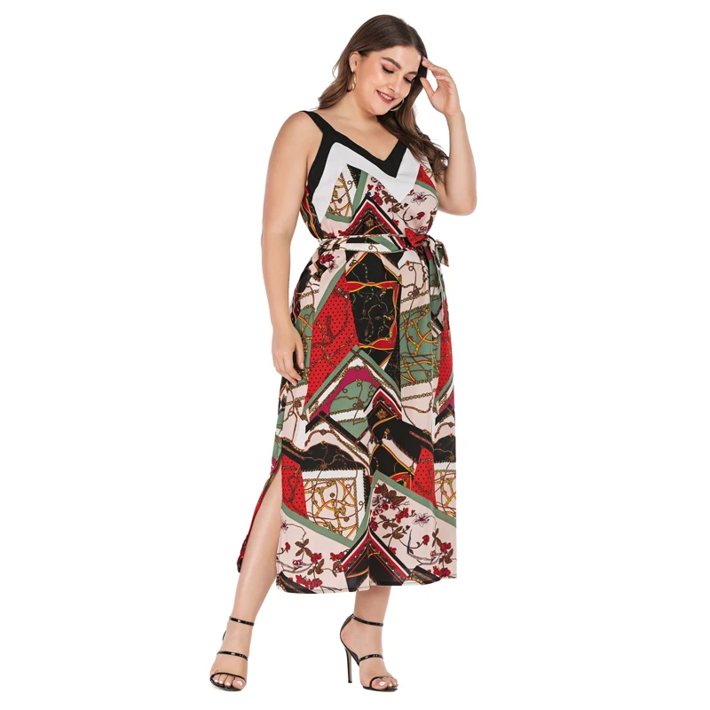 Женское летнее платье большого размера с v-образным вырезом и принтом без рукавов