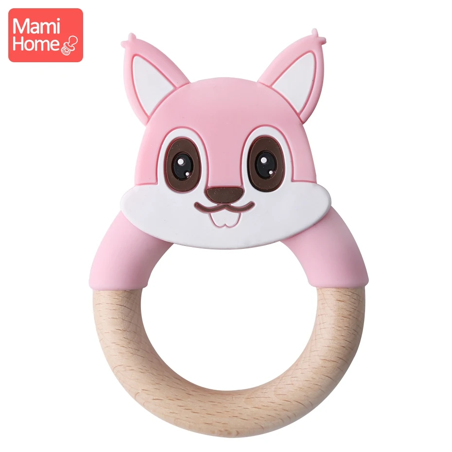 Pink Squirrel Ring Mamihome Baby Wooden Teether Animal Ring Silicone Rodent Beech Wooden Blank Rabbit Ears baby products Toys Pacifier Pendant Gift - Цвет: Pink Squirrel Ring