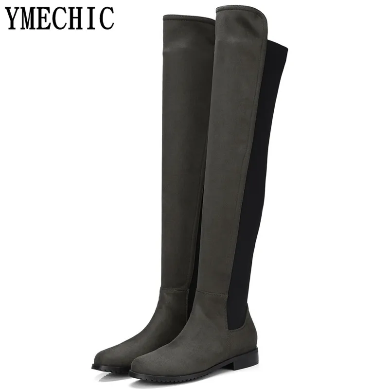 YMECHIC/модные черные женские ботфорты из флока на низком толстом каблуке большие