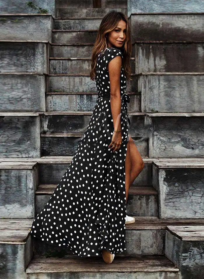 WildPinky Boho горошек длинные платья Для женщин Разделение короткий рукав Летнее Повседневное платье уличная Черный Макси платье Vestidos