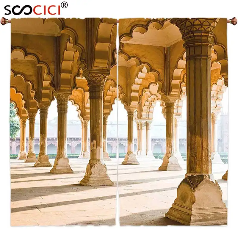 

Оконные шторы, 2 панели, декор столбов, историческая тема, галерея столбов в форте Агра, индийское цифровое изображение, свет