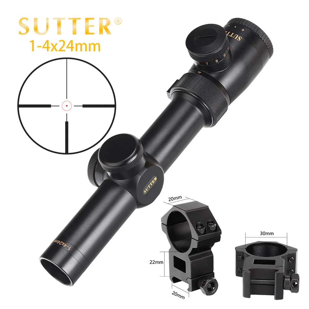 with Picatinny Rings SUTTER 1-4X24 Оптический Компактный прицелы для охоты R12 R29 стеклянная сетка красный осветительный прицел Turrets сброс тактический прицел - Цвет: with Picatinny Rings