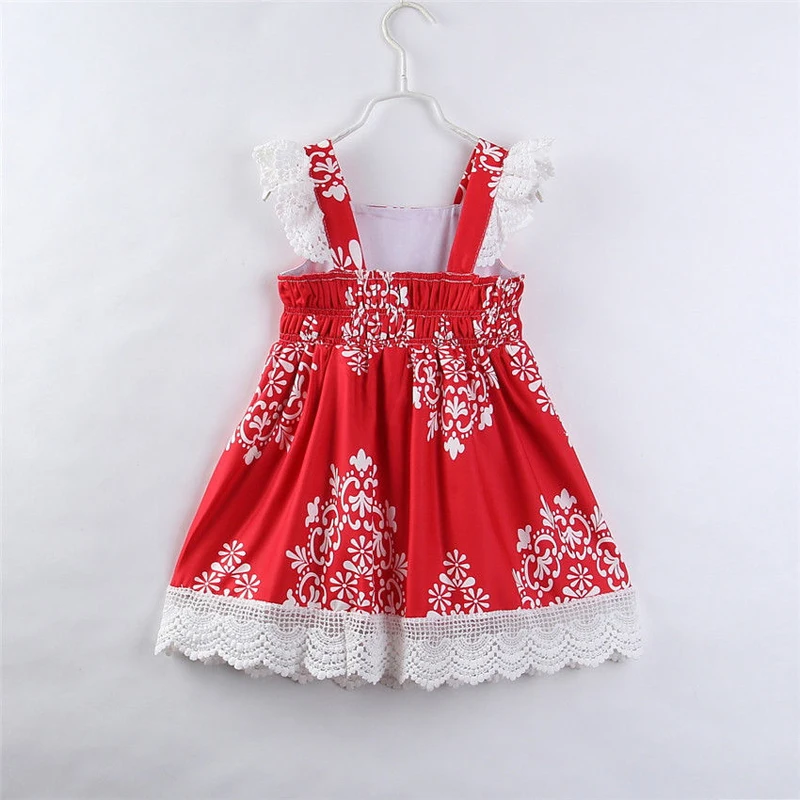 2017 Fashion Sweet Summer Baby Girls Square Collar Floral Print Lace A-Line Knee-Length Princess Red Dress Outfit Party 2-7Y | Детская