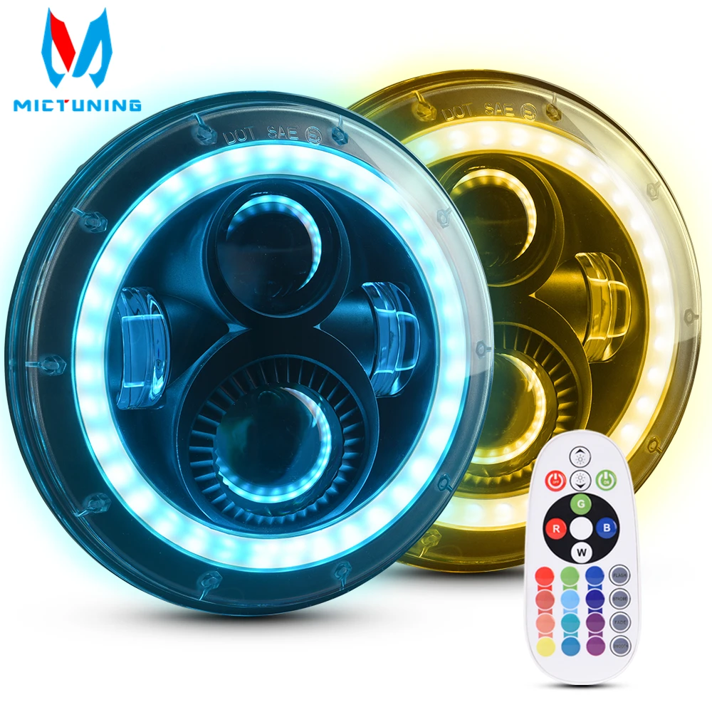 MICTUNING 7 ''круглый 80 Вт фары RGB Halo светодиодный налобный фонарь Ангел глаз с Bluetooth управление DRL Hi/Lo луч для Jeep Wrangler JK LJ